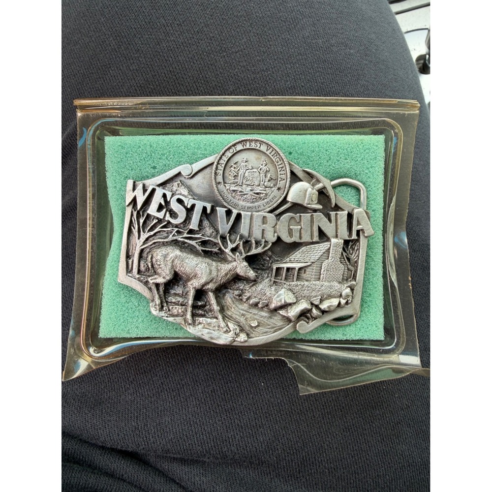 Vintage 1987 Siskiyou West Virginia Belt Buckle Pewter Deer Coal Miner USA Made